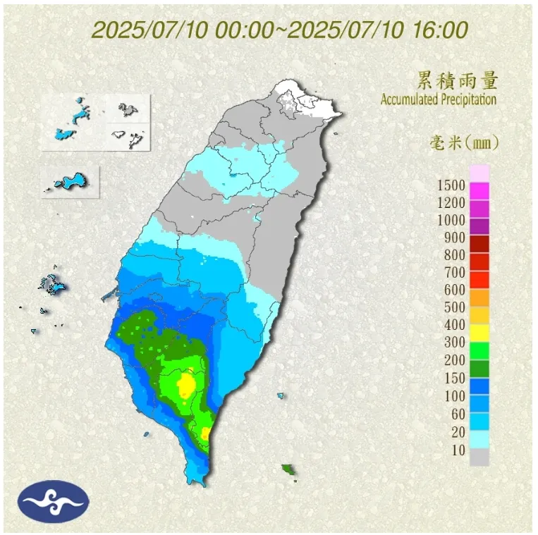 今(10)日0時至16時累積雨量（圖／中央氣象署）