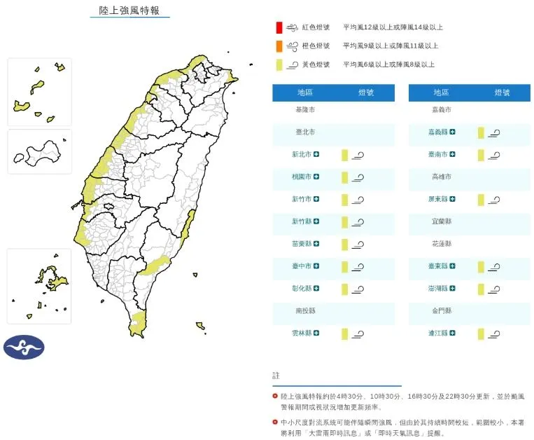 14縣市發布黃色燈號陸上強風特報。（圖／氣象署）