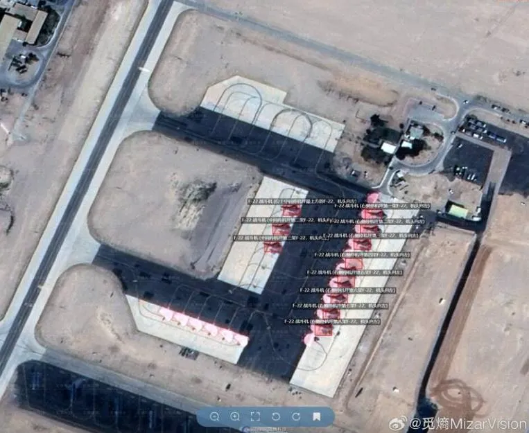 陸科技公司衛星圖曝美襲伊前「11架F-22」部署以色列。（圖／翻攝微博「覓熵MizarVision」）