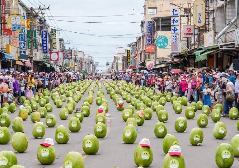 端午節的傳統是要吃西瓜、立蛋，屏東今天出現一個神奇景觀，一條街上滿滿都是立著的圓潤西瓜。（圖/翻攝自周春米臉書）