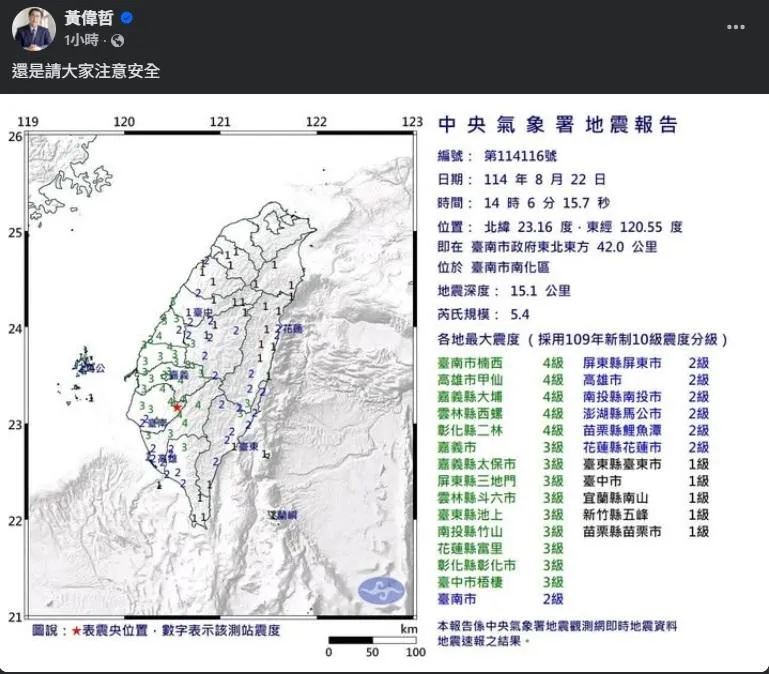 台南市22日下午又發生芮氏規模5.4地震。（圖／黃偉哲臉書）