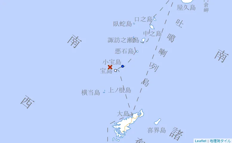 日本鹿兒島吐噶喇列島25日晚間連續發生規模3.4與3.8地震，最大震度均為3級。（圖／翻攝自日本氣象廳官網）