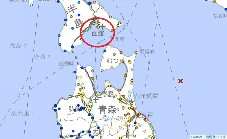 日本青森縣東方近海12月8日發生規模7.6地震，北海道函館最大震度達5弱。（圖／翻攝自日本氣象廳官網）