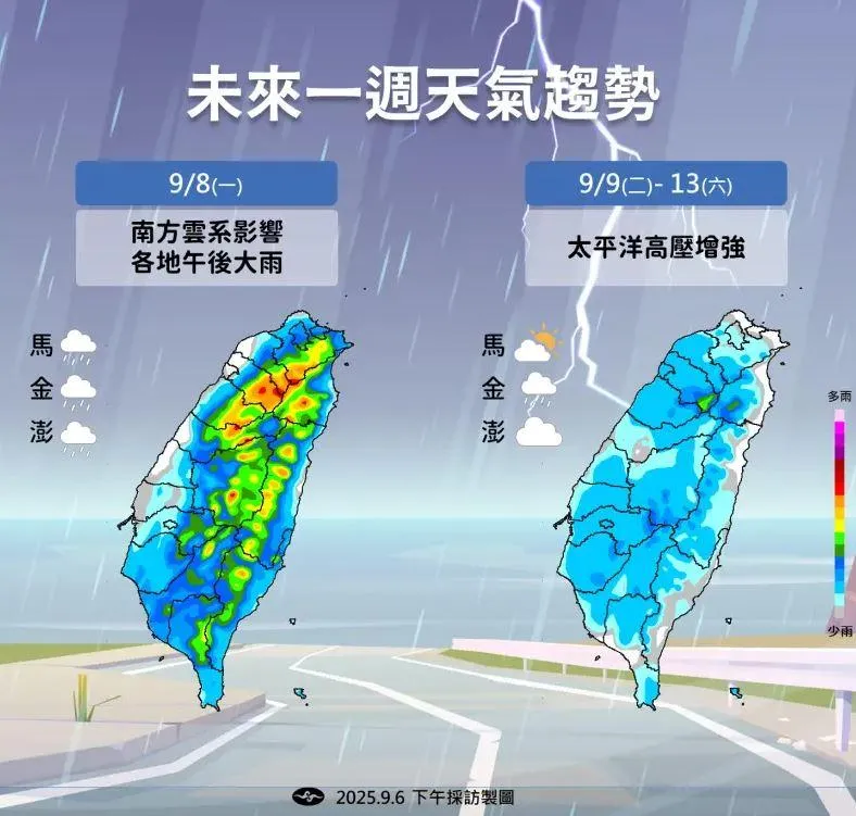 下周三（10日）之後，太平洋高壓逐漸增強，全台的降雨型態將轉為典型夏季型天氣。（圖／中央氣象署）
