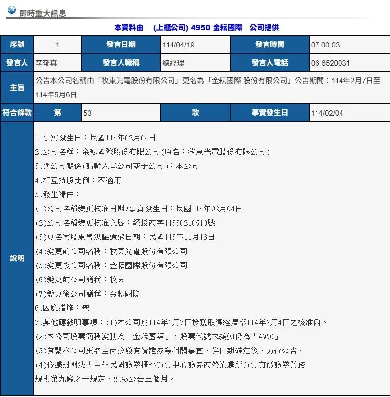 上櫃公司金耘國際（4950&nbsp;）將改名。（圖／翻攝自公開資訊觀測站）