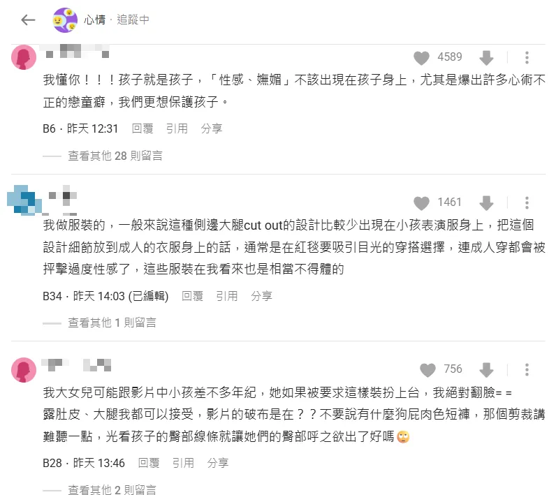 不少網友在貼文留言，認為小朋友的肚皮舞衣過度展現身體。（圖／翻攝自Dcard）