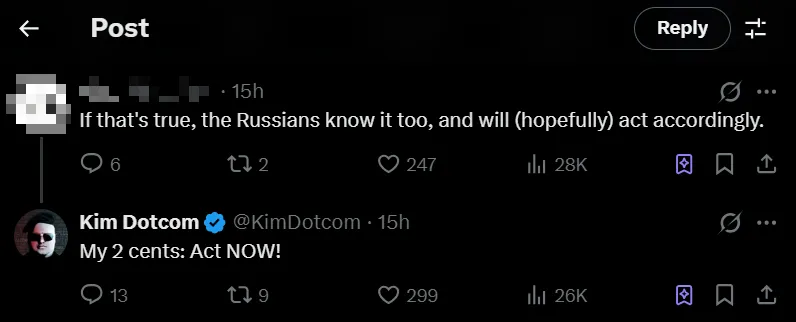 達康進一步回覆其他網友稱「必須馬上採取行動」。（圖／翻攝自X@KimDotcom）