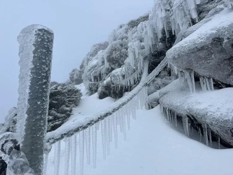玉山主峰登山線積雪已超過15公分，冰雪交加地面陡峭濕滑，鐵鍊也凍出成排冰柱相當危險。（圖／玉管處提供）
