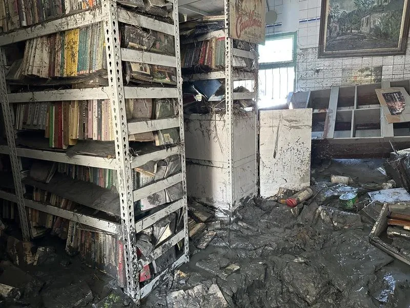 住重災區敦厚路的作家赫恪珍貴作品及3萬本藏書全泡湯。(圖/中央社)