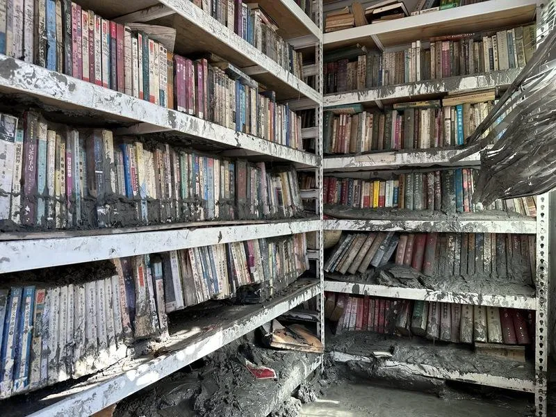 住重災區敦厚路的作家赫恪珍貴作品及3萬本藏書全泡湯。(圖/中央社)