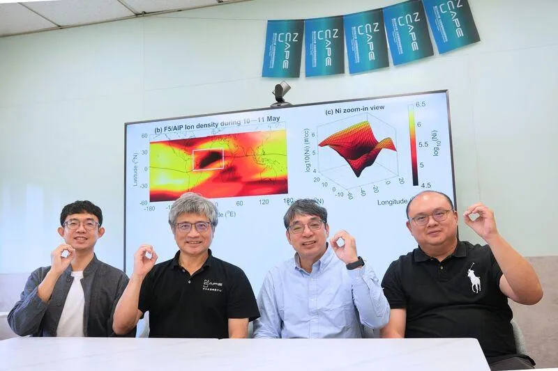 中央大學太空中心團隊運用福爾摩沙衛星五號等資料來源,觀測到2024年「母親節磁暴」引發橫跨數千公里的電離層電漿密度空洞。(圖/中大提供)