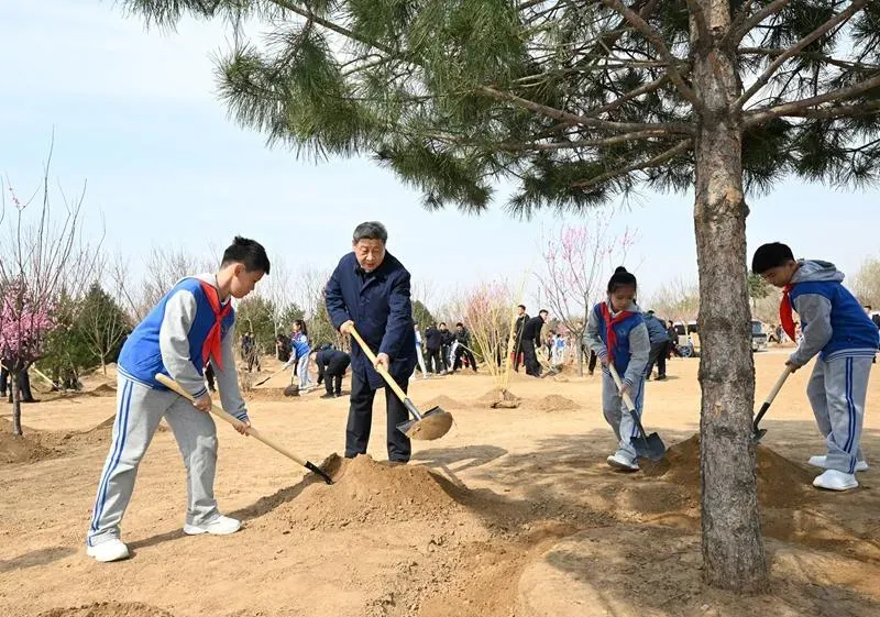 在川普正式宣布關稅政策的同時，台北時間3日上午，大陸國家主席習近平（左二）一行在北京參加例行植樹活動。（圖／新華社）