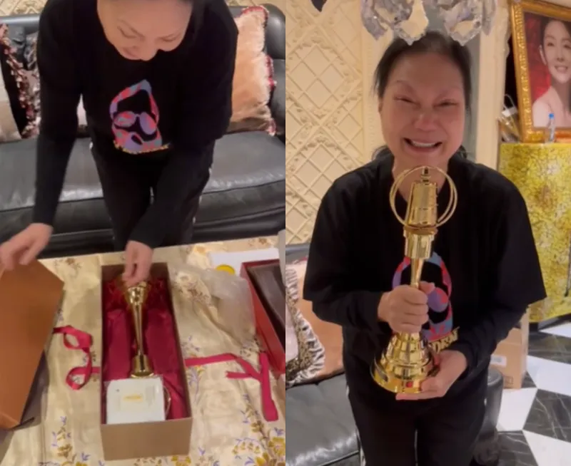 S媽開箱小S的金鐘獎座立刻落淚。(圖/翻攝自小S IG)