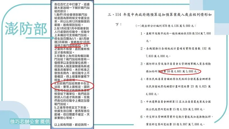 澎防部回應官兵「戰鬥加給預算卡在立法院」的錯誤訊息。(圖/徐巧芯辦公室)