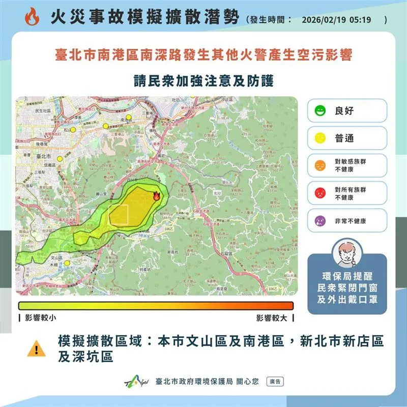 火災濃煙擴散區域圖。（圖／北市環保局提供）