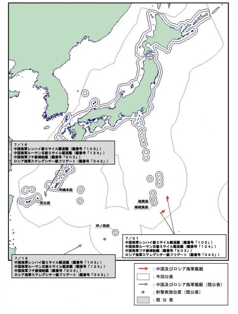 中俄軍艦編隊持續北上。(圖/翻攝日本防衛省統合幕僚監部)