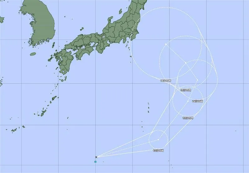 日本氣象廳於今（11）日下午宣布，位於日本南方海面的熱帶擾動 91W 已正式發展為熱帶性低氣壓，並預估將在 24 小時內進一步升格為今年第 17 號颱風「南卡」（Nka）。（圖／日本氣象廳）