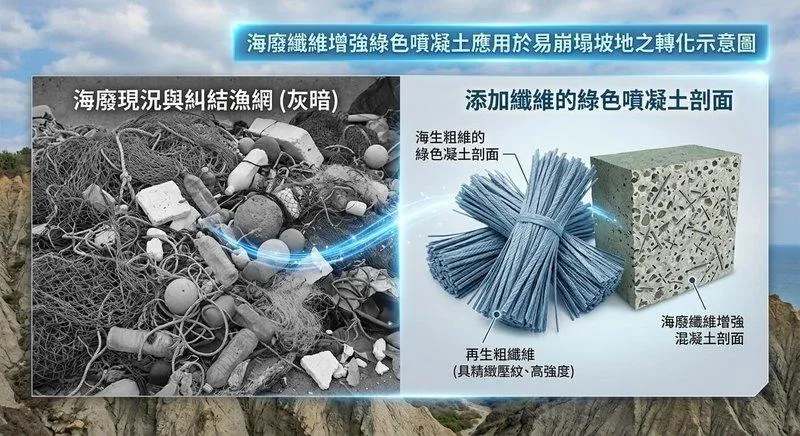 海洋委員會補助國立高雄科技大學團隊研發「海廢纖維噴凝土」，將廢漁網轉化為防護建材，取代傳統不耐鹽分的鋼絲網，更結合AIoT感測技術即時監測邊坡安全。（圖／海委會提供）