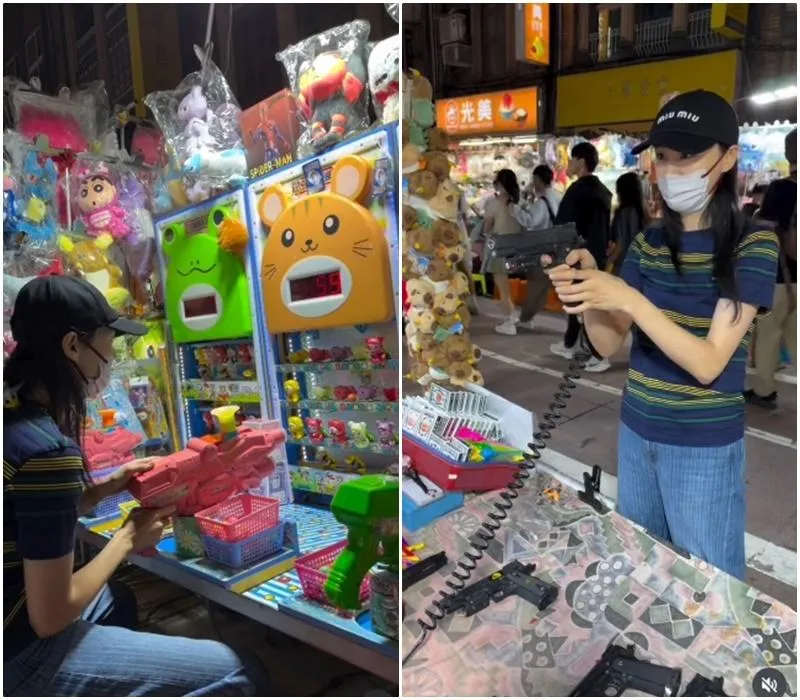 鄭爽跟著人潮逛街，並停駐在夜市遊戲攤位前體驗射氣球、空氣槍射擊等活動。（圖／翻攝IG）