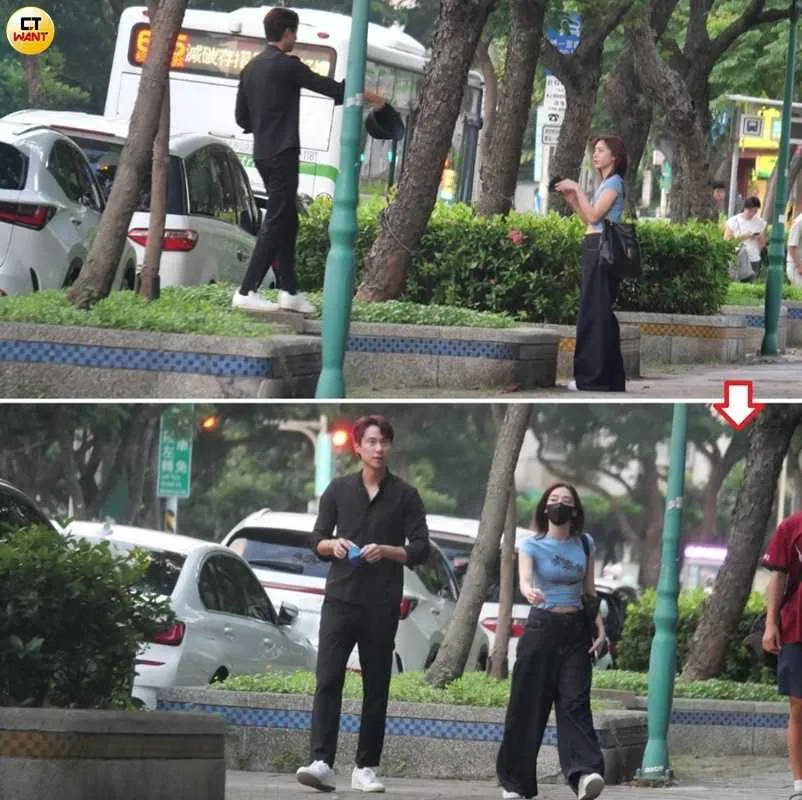 劉書宏細心遞上一頂帽子，疑似想替女方遮掩行蹤。（圖／CTWANT）