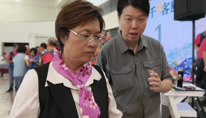 王惠美16日出席彰化縣三山國王客底文化節宣傳記者會，被記者詢問是否出席國民黨明日大造勢時，僅簡短表示「謝謝」。（圖／中時葉靜美攝）