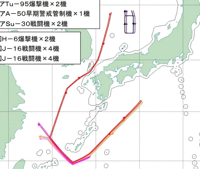 日方9日公布中俄軍機飛行路線。（圖／翻攝日本防衛省統合幕僚監部網站）