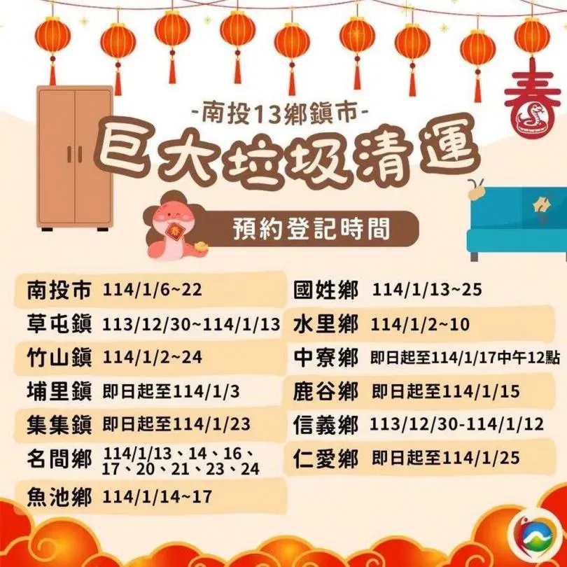 南投縣13鄉鎮市巨大垃圾清運預約登記時間。（圖/南投縣環保局）