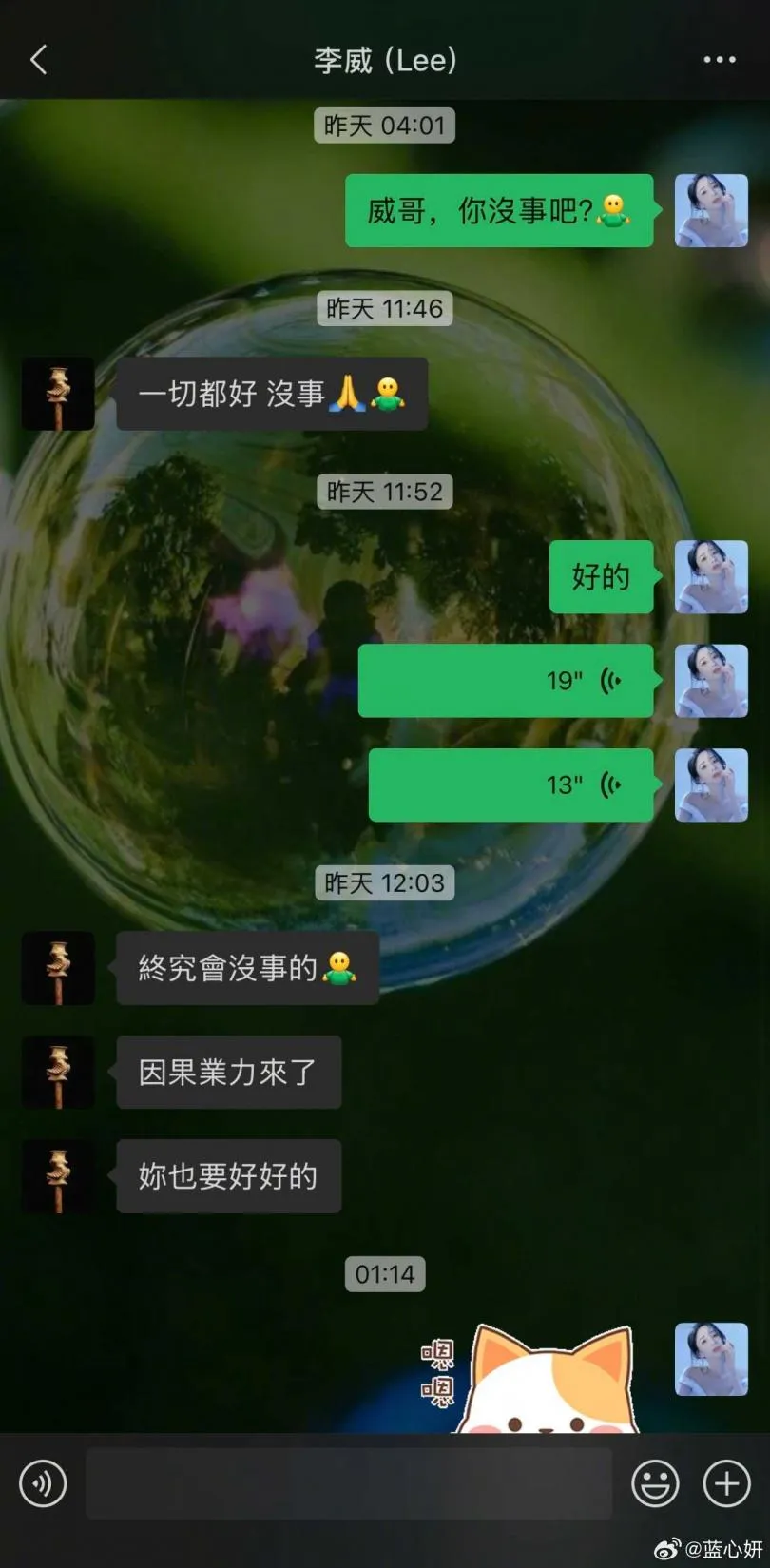 女星藍心妍貼出跟李威的對話。（圖／翻攝藍心妍微信畫面）