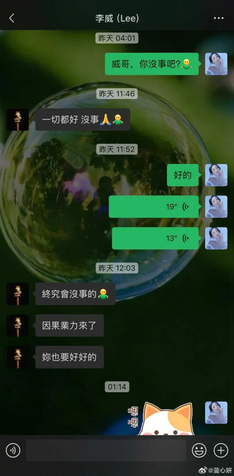 李威與藍心妍的微信聊天紀錄。(圖/翻攝自藍心妍 微博)