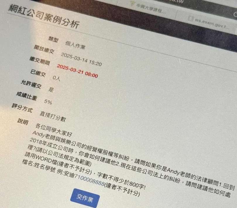 某大學法律系學生的公司法作業。（圖／翻攝自Threads）