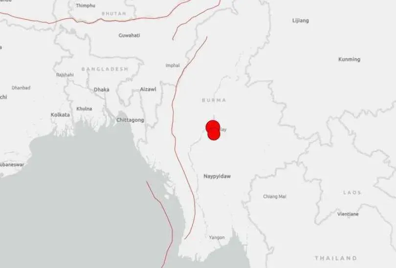 依「美國地質調查局」(USGS)資料顯示,緬甸昨日下午先後發生規模7.7強震和規模6.4地震,震央位於實皆(Sagaing)南方18公里處。(圖/翻攝自USGS)