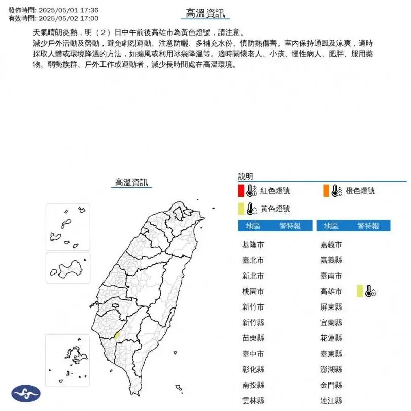 氣象署針對高雄市發布黃色高溫燈號。（圖／中央氣象署)