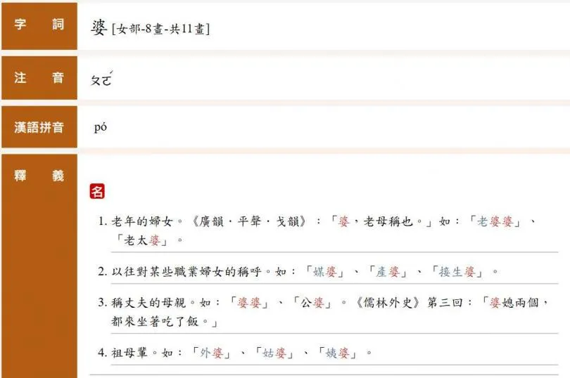 「婆」的注音正確寫法確實為「ㄆㄛˊ」。（圖／教育部重編國語辭典修訂本）