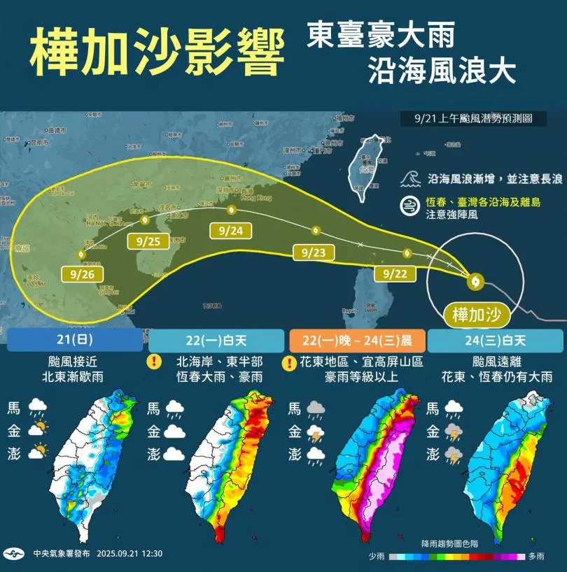 氣象署在臉書粉專「報天氣 - 中央氣象署」說明樺加沙的風雨影響時程。(圖/氣象署)