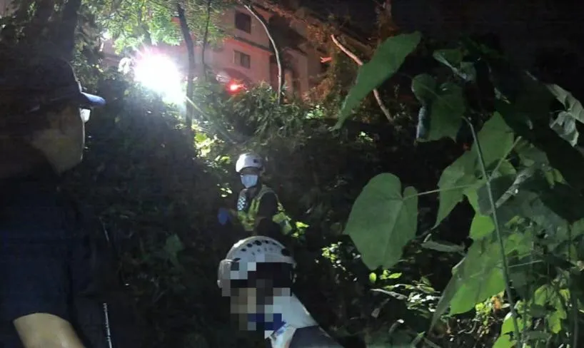 台中市一名騎士為閃貓跌落山谷警消救援。（圖／翻攝畫面）