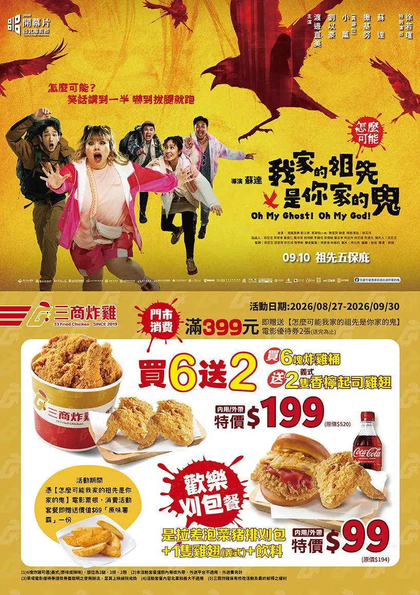 三商炸雞與福勝亭則攜手電影《怎麼可能我家的祖先是你家的鬼》推出聯名活動,三商炸雞祭出 12 塊炸雞買 6 送 6 特價 333 元、酥炸翅腿買 1 送 1 等優惠。(圖/三商餐飲提供)