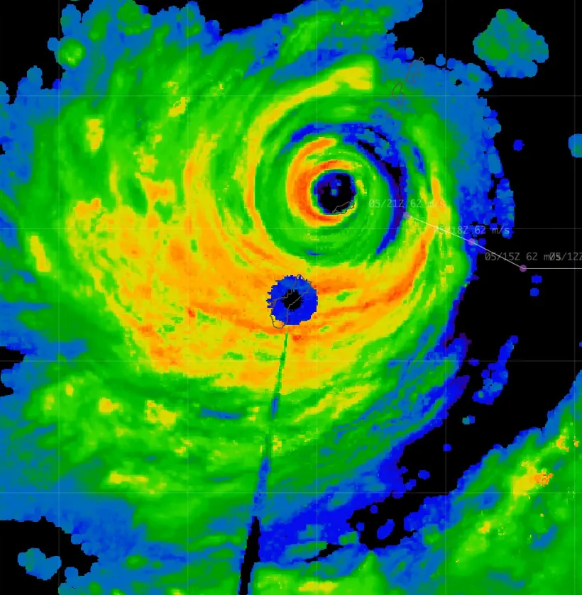 關島雷達在台灣時間上午7：19截取到最後一張雷達回波圖後宣告陣亡。（圖／翻攝自「停班停課最新通知｜防災即時通【Taiwan Alerts】」臉書）