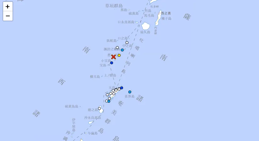 吐噶喇列島近海2日凌晨發生規模5.0地震。（圖／翻攝自日本氣象廳網站）