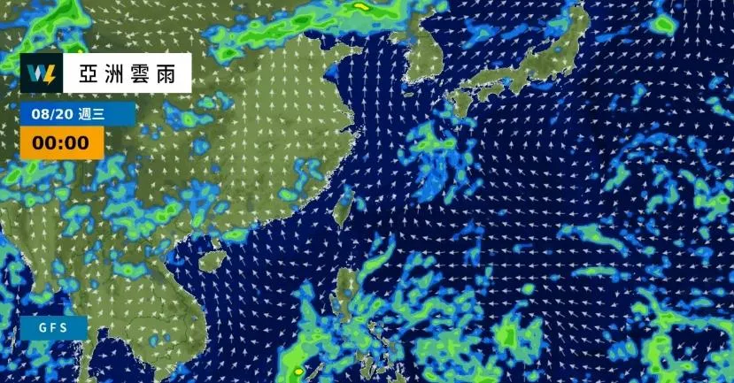 19日、20日台灣位於季風低壓帶北側的相對低壓區內,環境風場轉為偏西南風,整體大氣狀態較不穩定且水氣充沛。(圖/天氣風險公司)