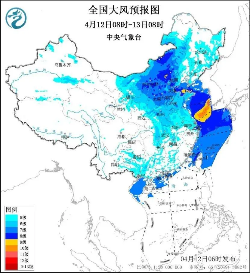 大陸中央氣象台今天發布的全國大風預報圖。（圖／翻攝大陸中央氣象台）