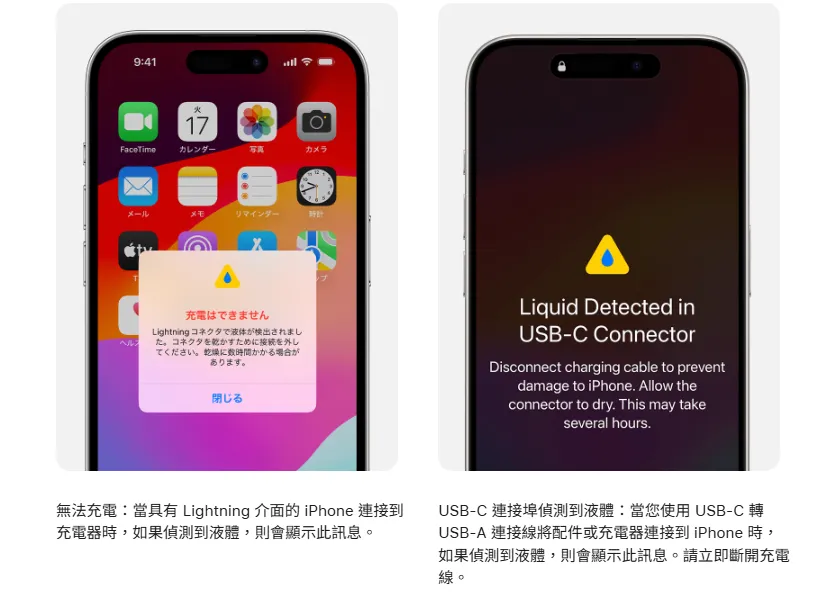 Apple指出，iPhone偵測到液體時應先拔除充電線，放置於乾燥通風處。（圖／蘋果官方網站）