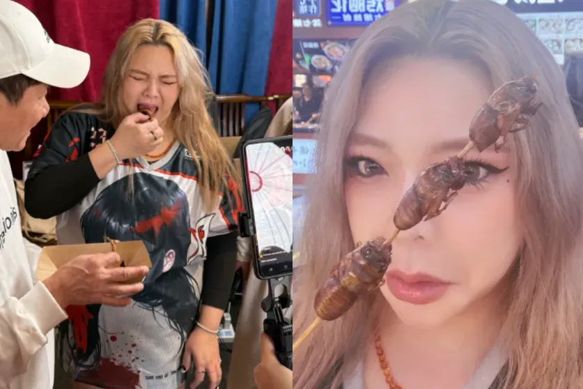 小甜甜曾在前往重慶直播時,吃炸紅花蛇以及昆蟲。(圖/翻攝自小甜甜臉書)