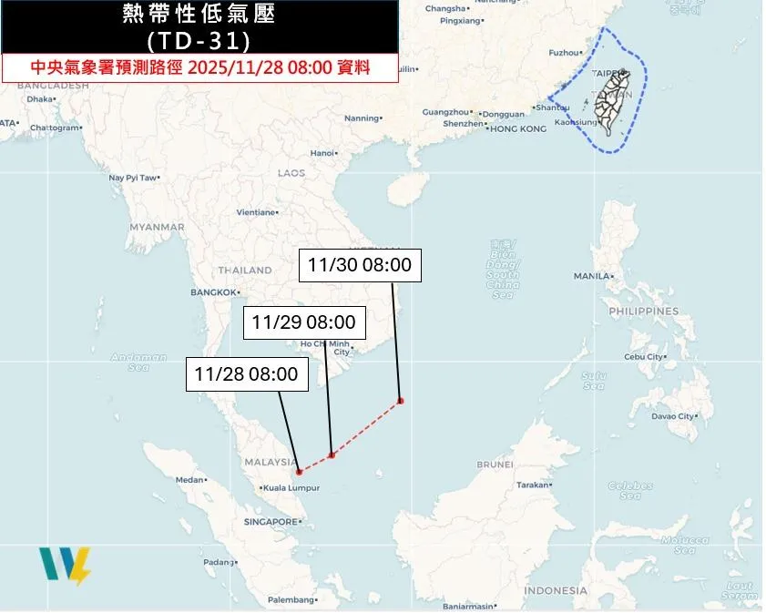 熱帶氣旋「Senyar」預估將穿過馬來半島進入南海南部。(圖/翻攝「天氣職人-吳聖宇」臉書)