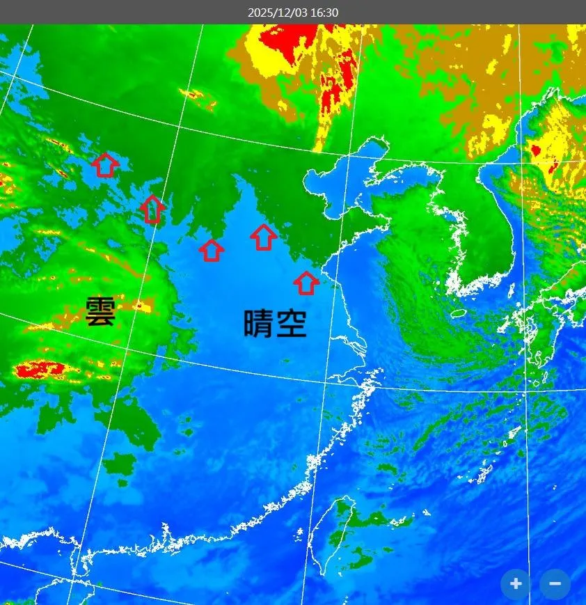 3日入夜起「0度線」快速朝南方前進，衛星雲圖可見朝鮮半島有大片綠色的低溫標記。（圖／翻攝自Facebook@鄭明典）