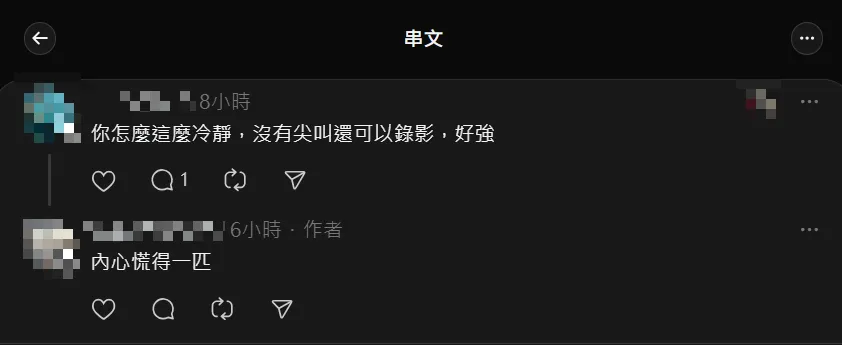 有網友疑惑影片竟然沒有錄到當事人害怕尖叫的聲音，該民眾表示其實內心非常慌張。（圖／翻攝自Threads）