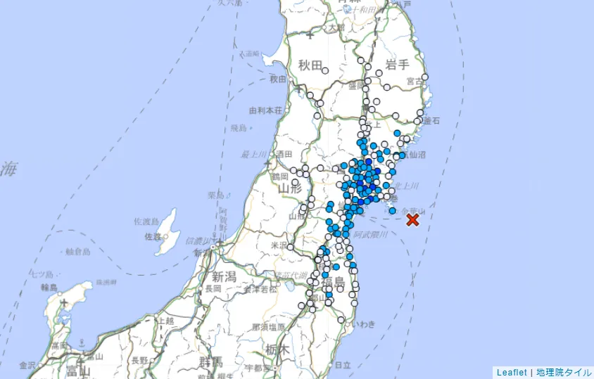 日本宮城縣近海12日晚間發生規模4.7地震，最大震度3級，未有海嘯風險。（圖／翻攝自日本氣象廳官網）