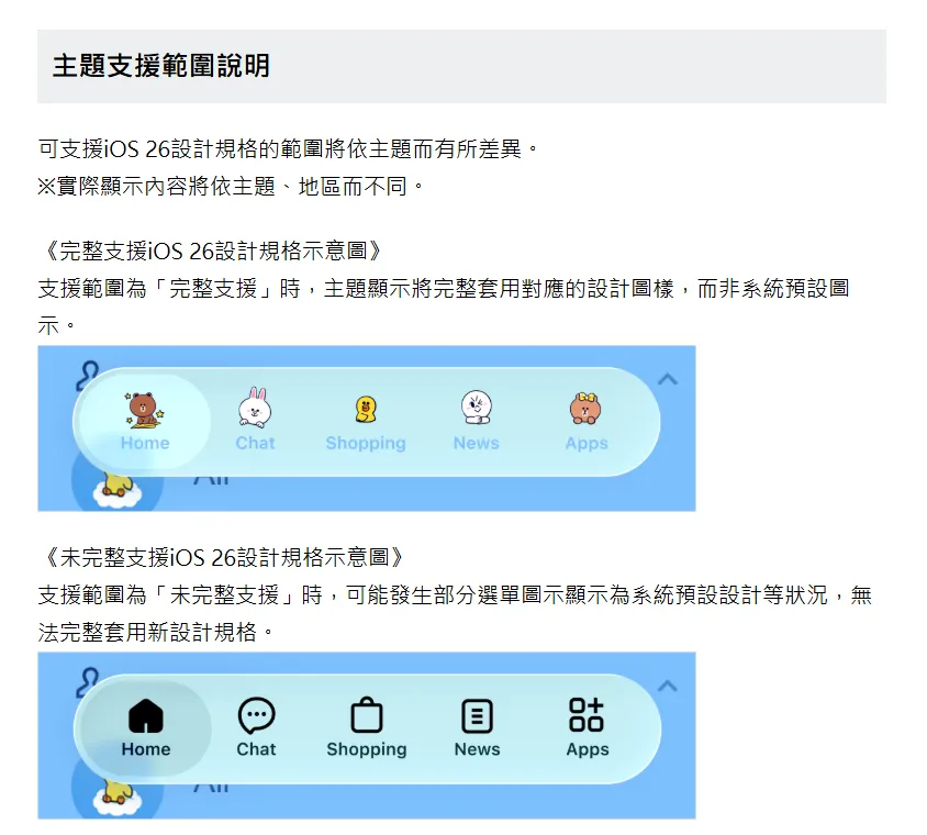 LINE說明，可支援iOS 26設計規格的範圍將依主題而有所差異。（圖／LINE官網）