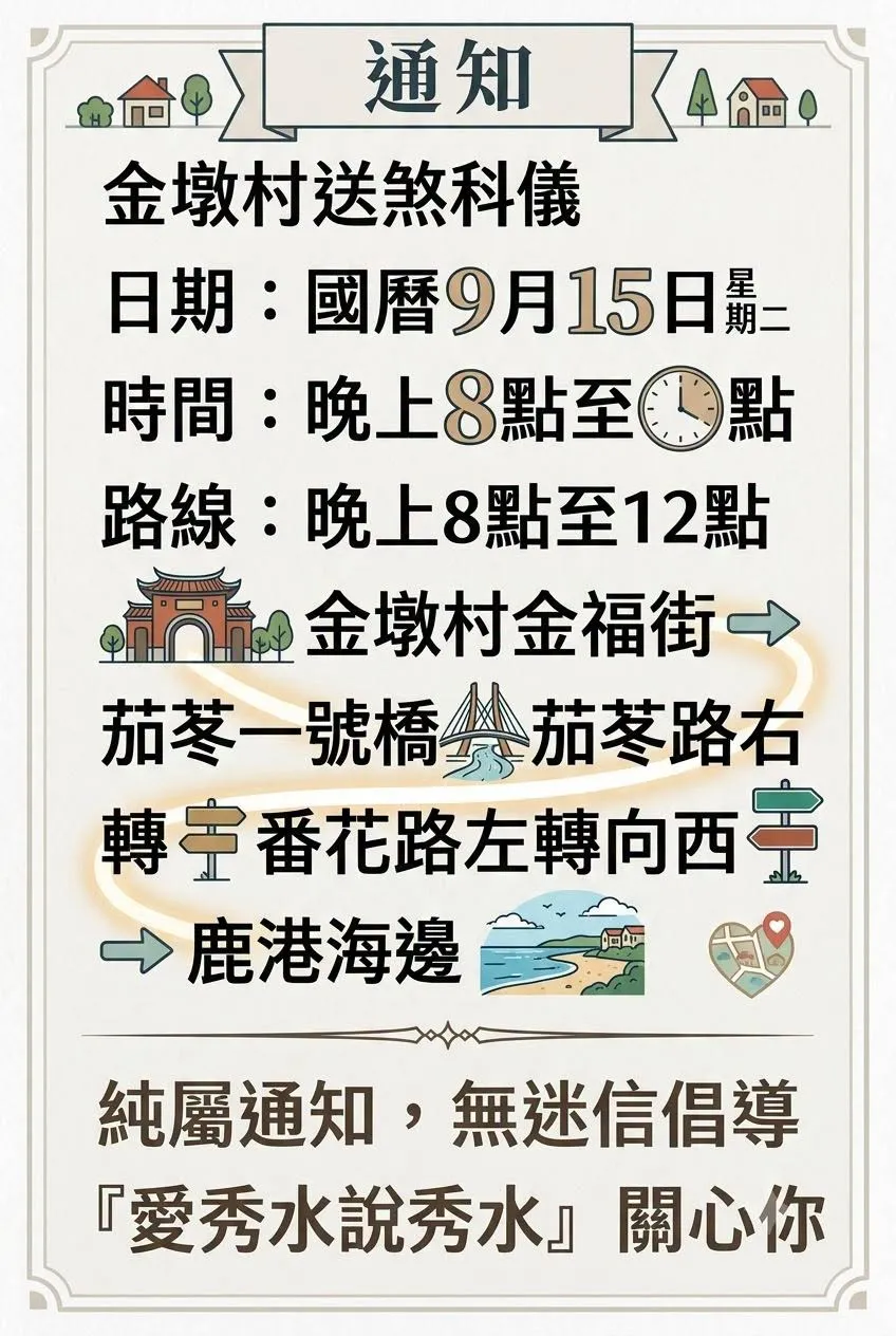 彰化花壇金墩村明晚8點舉行「送肉粽」,送煞路線一路前往海邊。(圖/翻攝自臉書/愛秀水說秀水)