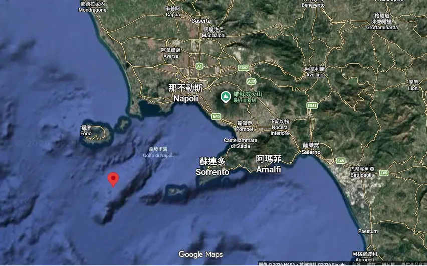 地震專家郭鎧紋指出,義大利阿納卡普里10日規模6.0地震的發生位置接近那不勒斯。(圖/郭鎧紋提供)
