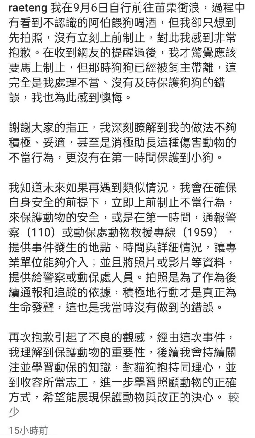 若盈道歉未阻止飼主餵狗狗喝酒，表示感到懊悔。（圖／翻攝自若盈IG）